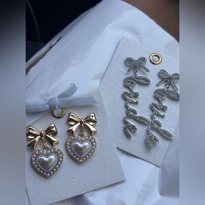 2 Pairs - Bride Script Rhinestone Earrings & Gold Pearl Heart Dangles